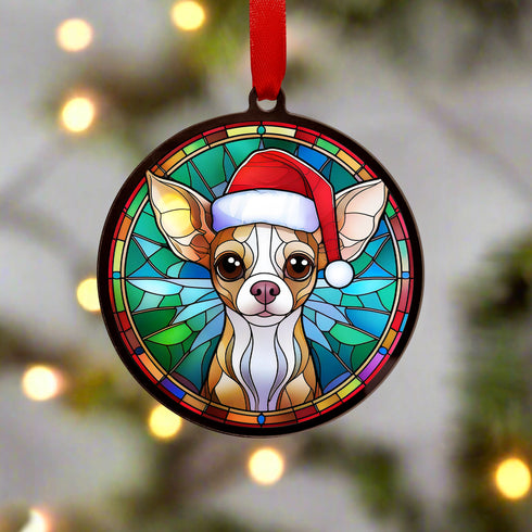 Chihuahua Fawn in Santa Hat Suncatcher Decoration